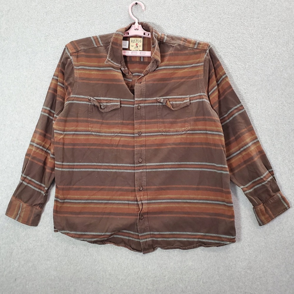 Red Head Men Button Up Shirt XL Brown Striped Flannel Outdoor Pockets READ